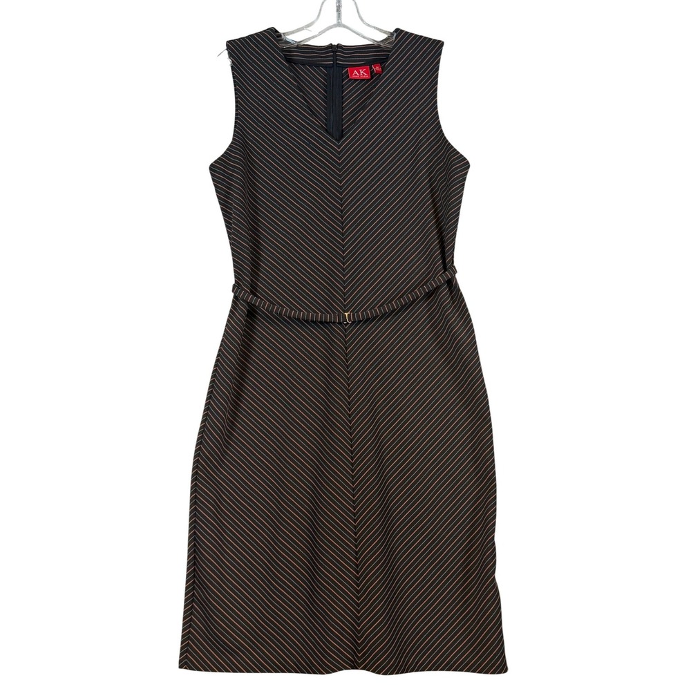 Anne Klein Womens Black Orange Striped Sleeveless V-Neck Belted Sheath Dress Med